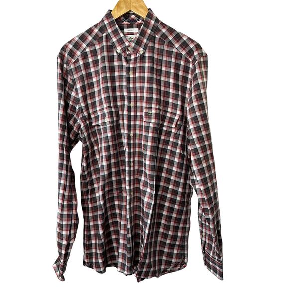 Lacoste Modern Fit Gray & Red Plaid Long Sleeve Button-Up Shirt Men's 42 Large - Picture 1 of 12